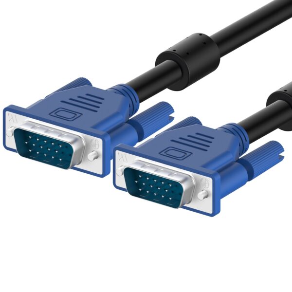 A picture of a VGA cable showing both ends and omitting the cable proper.